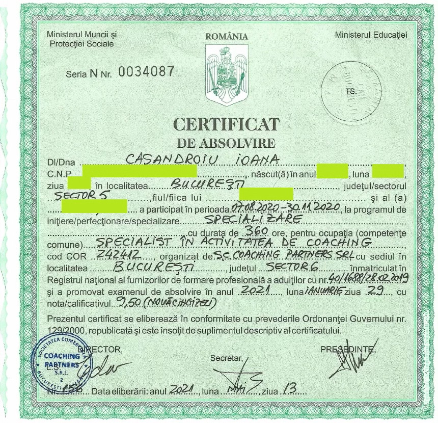 certificat absolvire Ioana Casandroiu